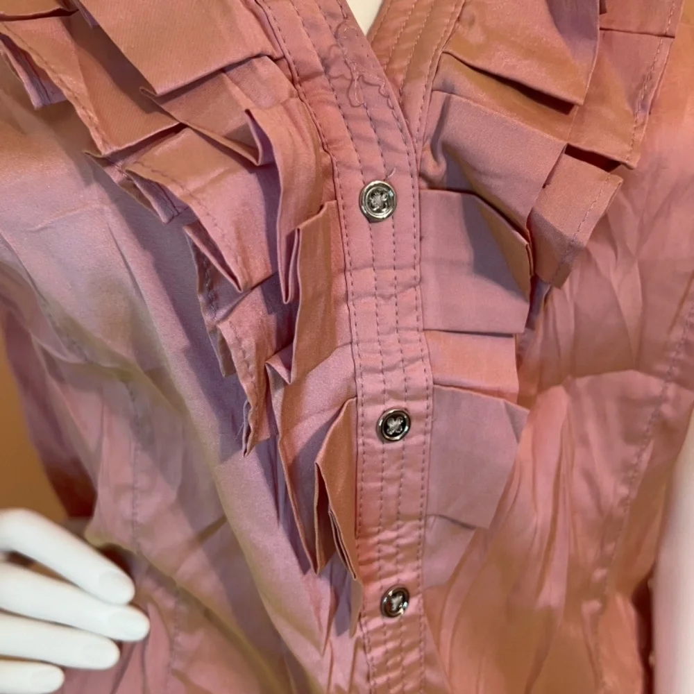 Express Metallic Rose Gold Ruffled V Neck Collar Button Down Blouse - Picture 3 of 7